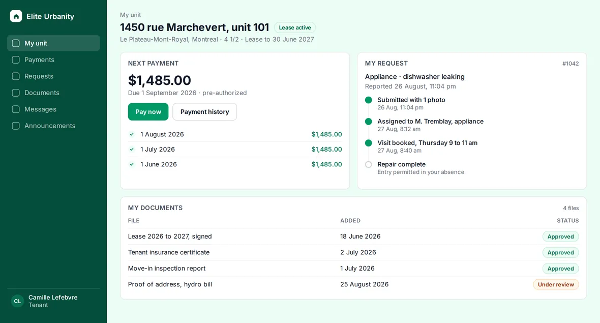 The tenant's own page in Elite Urbanity: next rent payment due with a pay button, the last three payments marked paid, the status of the repair they reported, and their lease, insurance and inspection documents with approval badges.